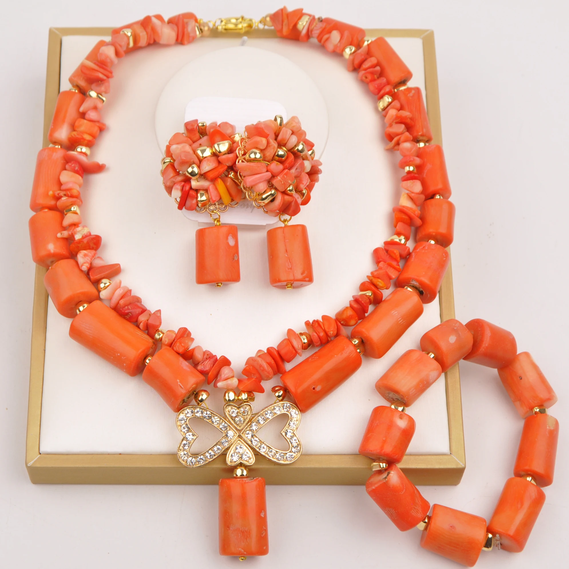 

Fashion African Jewelry Set 2Layers Orange Original Coral Bead Necklace Nigerian Wedding Bridal Jewelry Sets