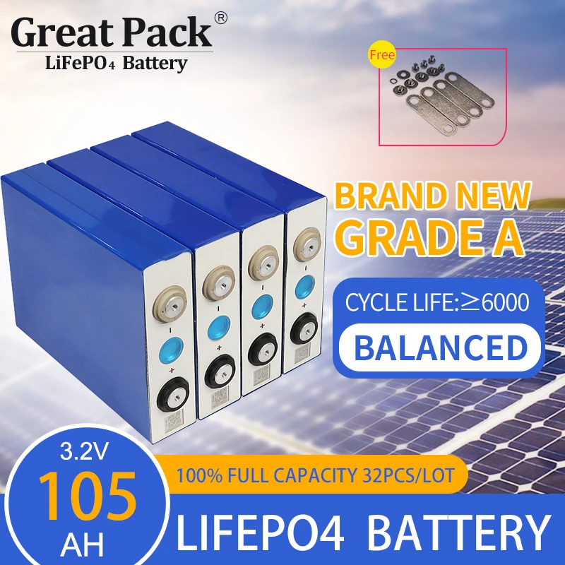

32PCS 3.2V 105Ah Rechargeable Deep Cycle Brand New Grade A LiFePO4 Solar Power Bank 100% Full Capacity Lithium Ion Battery Cell