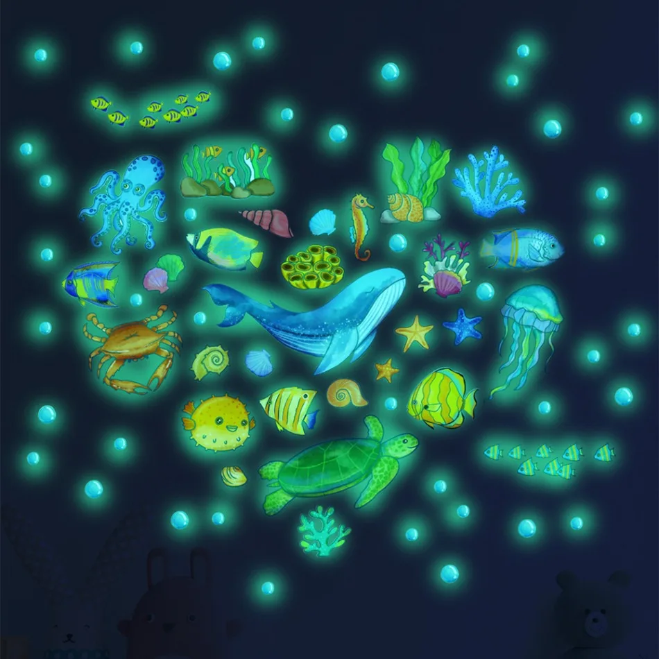 Glow in The Dark Cartoon Dinosaur Wall Sticker Luminous Glowing Underwater World Decals for Kids Room Baby Bedroom Nursery Decor