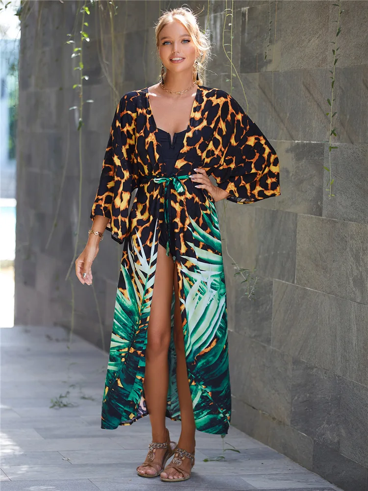 2023 Bohemian Swimsuit Cover Up Retro Stripe Self Belted Women Summer Clothes Long Kimono Dress Beachwear Bikini Cover-ups Q1521 6
