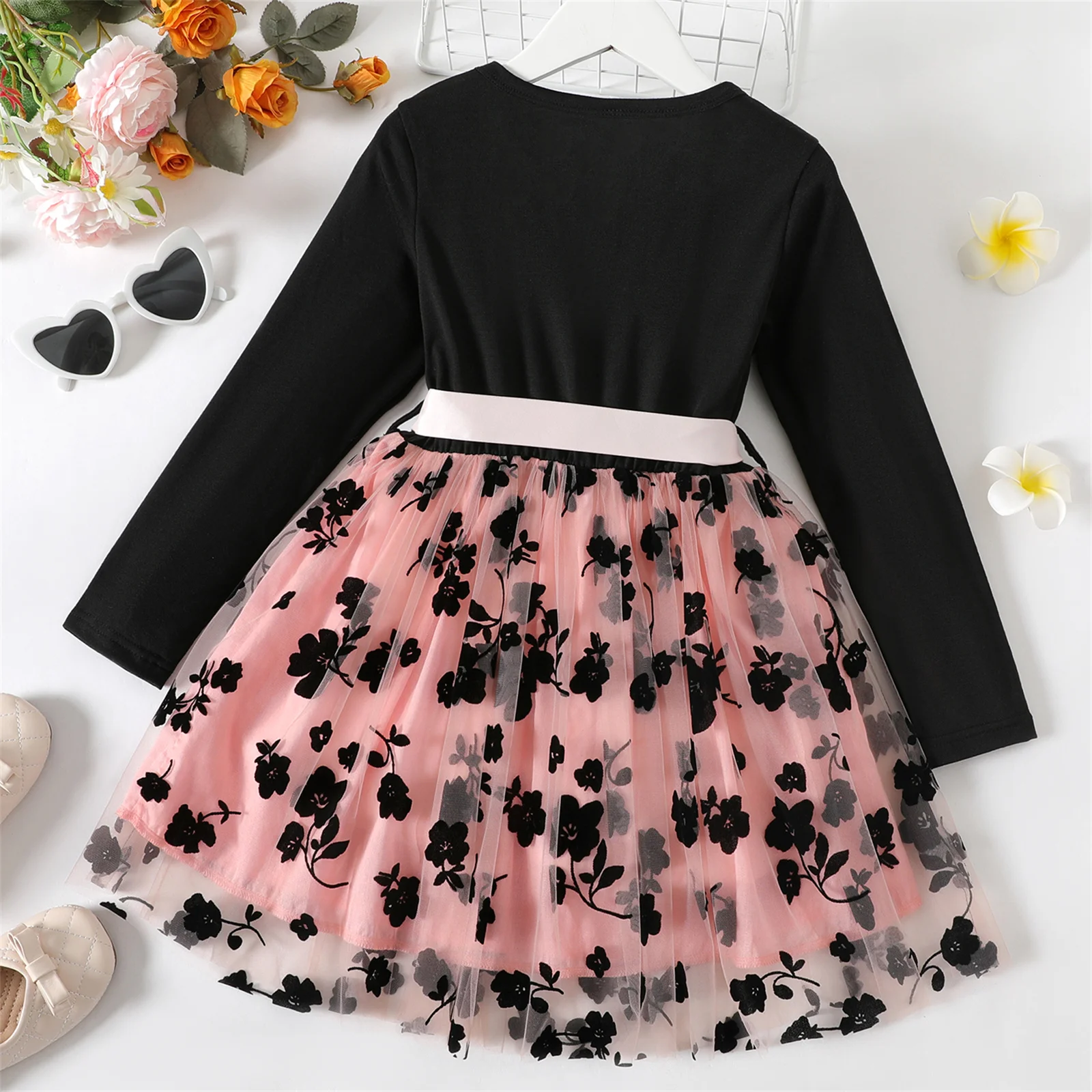 Girls Dress PatPat Kid Girl Dresses Floral Embroidered Belted Mesh Splice Long-sleeve Dress Kids Clothes