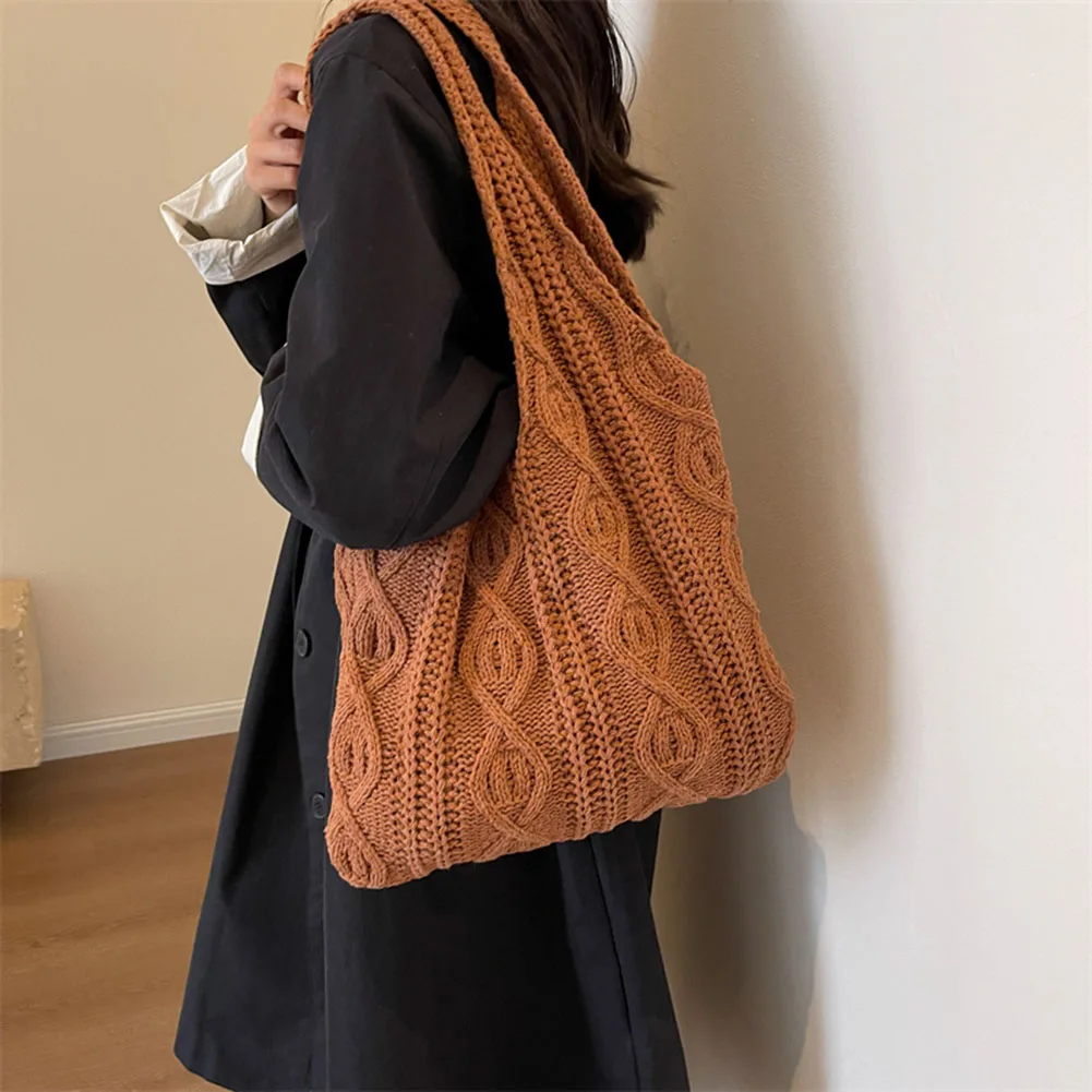 Wool Knitted Shoulder Shopping Bag for Women Vintage Cotton Cloth Girls Tote Shopper Bag Large Female Handbag Crochet Bag 5