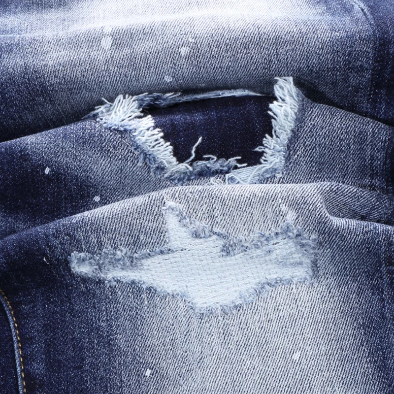 Fashion Vintage Trousers Men Jeans High Quality Retro Blue Elastic Slim Fit Ripped Jeans Men Patched Designer Brand Pants Hombre