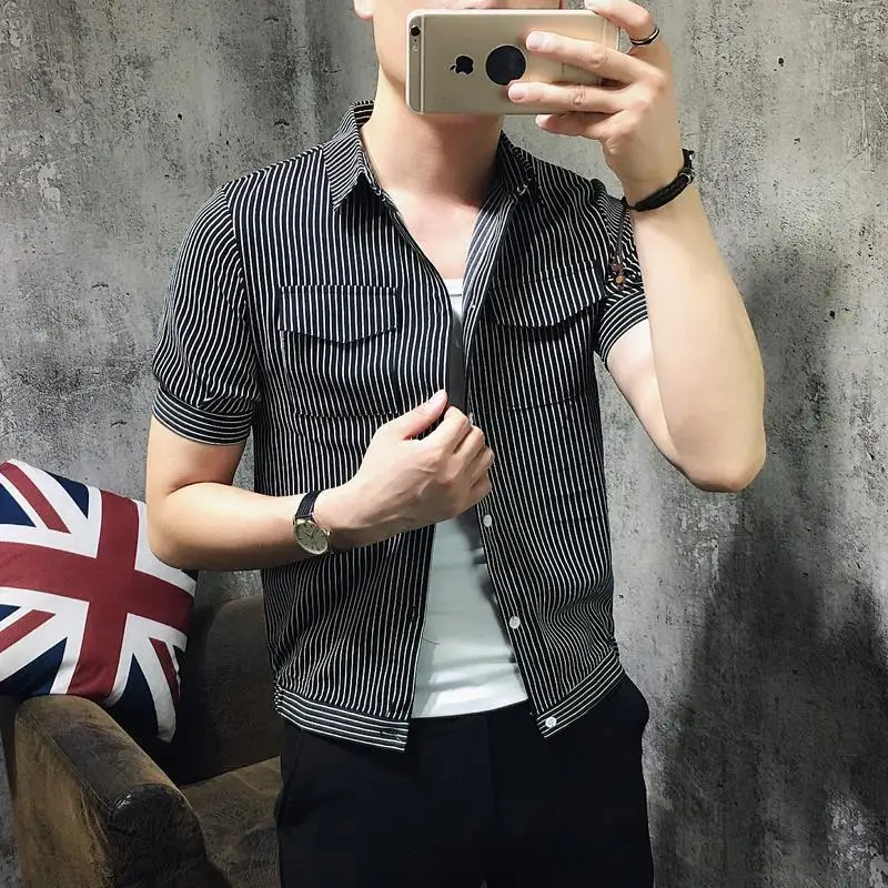 

2024 Summer Fashion Versatile Casual Slim Fit Korean Edition Polo Collar Stripe Single Breasted Panel Pocket Short Sleeve Shirt