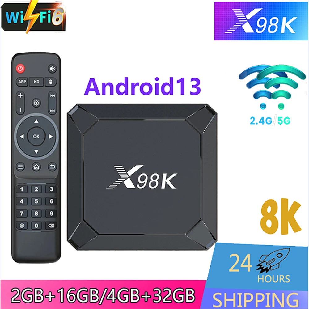 

X98K Smart TV Box Android 13 Rockchip RK3528 2.4G&5G Dual WiFi6 BT5.X HDR10+ Set Top TV Box Media Player 100M