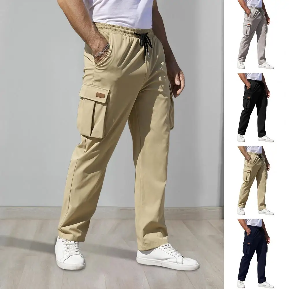Men Pants Drawstring Elastic Waist Solid Color Multi Pockets Straight Pants Soft Daily Wear Outdoor Long Cargo Trousers