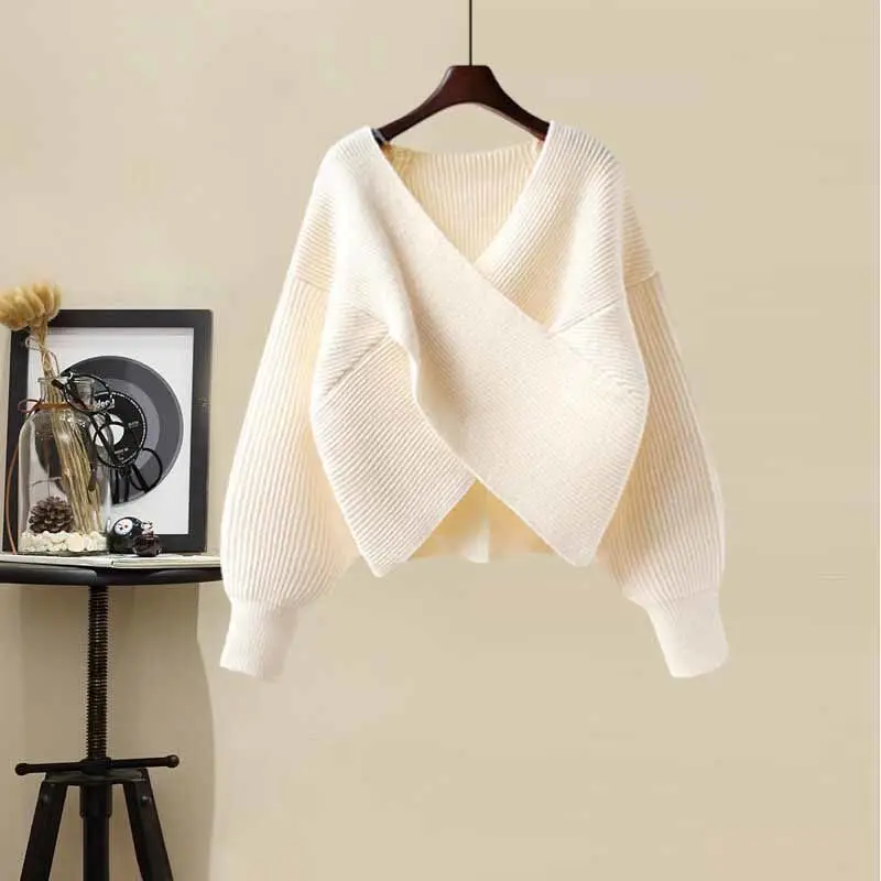 Spring and Autumn Season Set Women's 2024 New Loose V-neck Sweater Slimming Mesh Half Skirt Two Piece Set Trendy