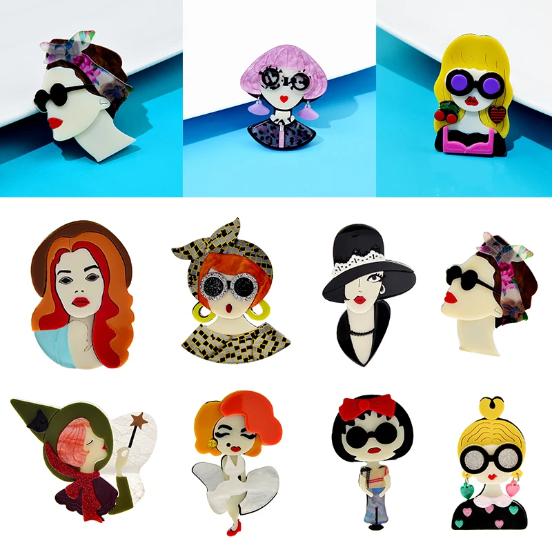 Acrylic Hug Rabbit Quiet Lady Brooches Unique Lady Figure Pins For Women Girls Lapel Badges Bag Decorations Party Dress Jewelry