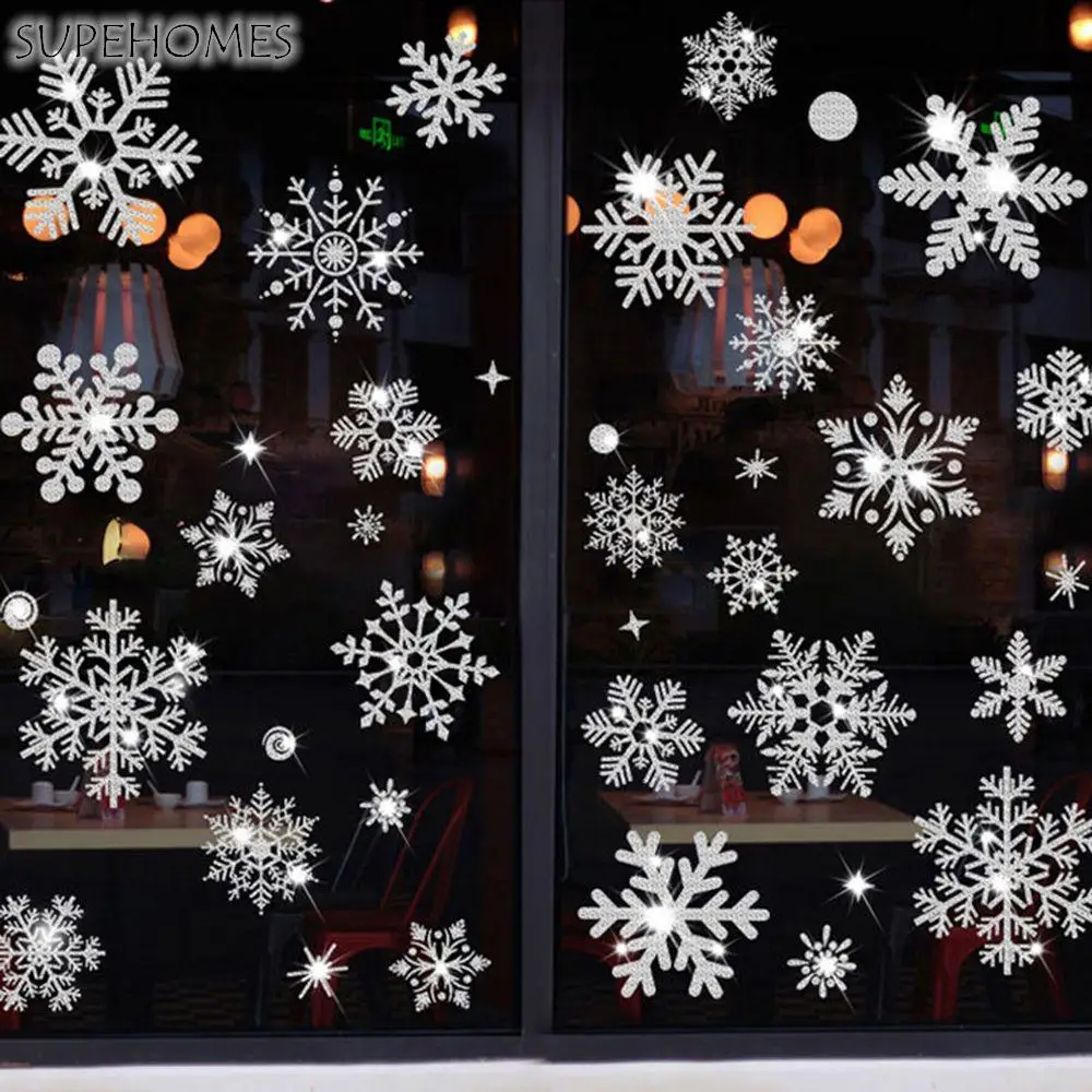 

Merry Christmas Snowflake Window Glass Decal Glitter Effect Snowflake Electrostatic Wall Sticker Kids Room Decor Home Decals