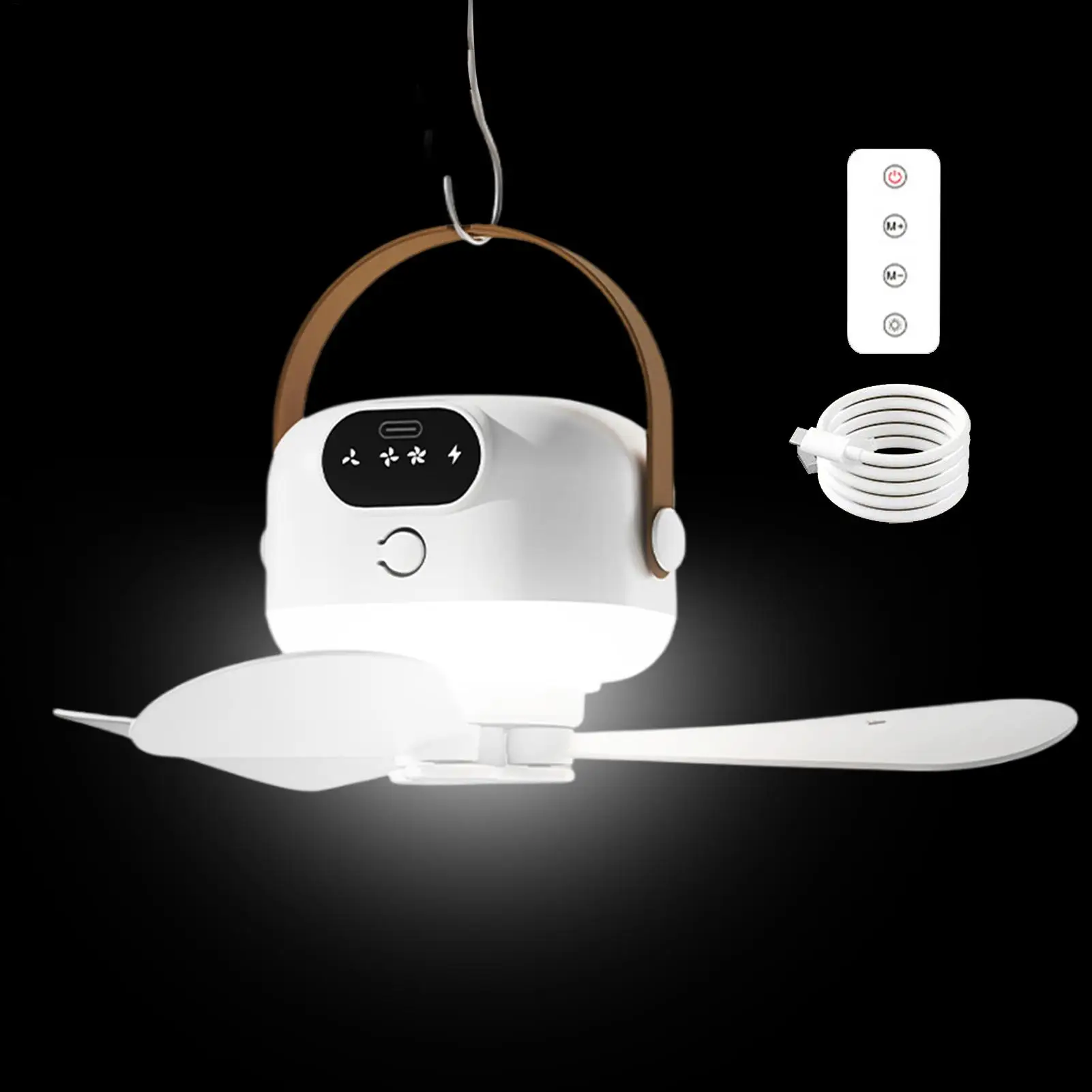 Portable Ceiling Fan Outdoor Camping Fan Tent Ventilator Cooler Rechargeable Electric Fan  Remote Control 3 Gears LED Lighting