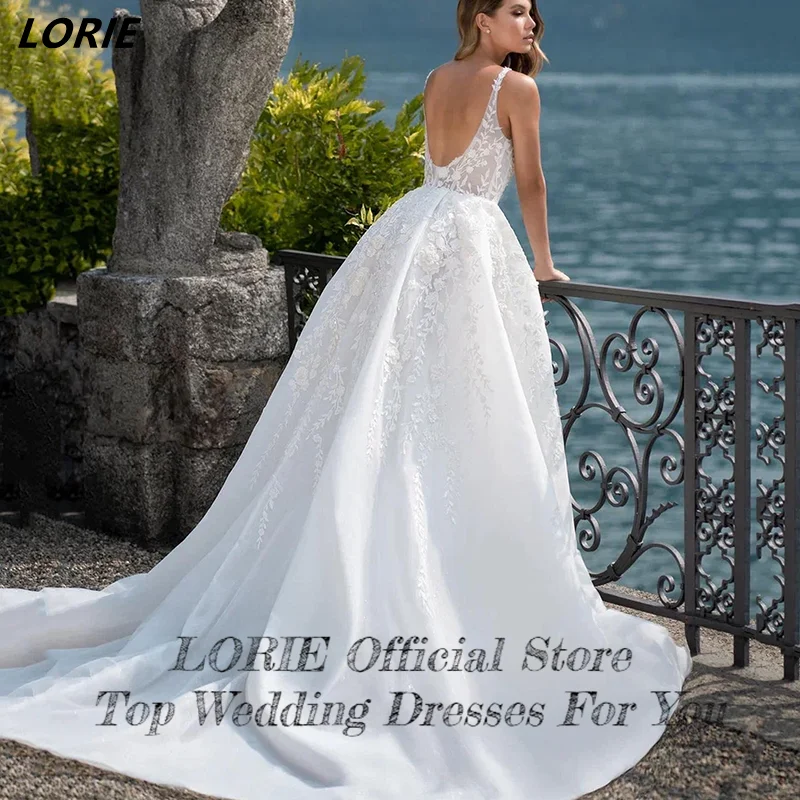 LORIE Side Slit Square Collar Lace Wedding Dresses Sleeveless Backless Appliques A-Line Bridal Gowns Vintage Boho Bride Dress 3