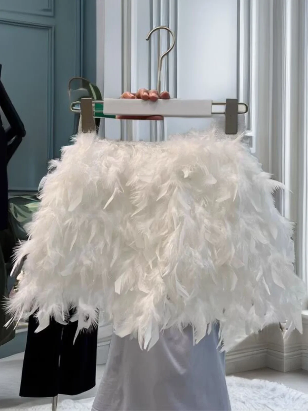 Ostrich Feather Mini Skirt Elastic Waist A- Line Tutu Skirt Princess