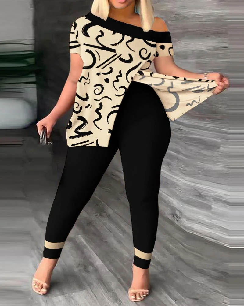 Sexy Elegant Off The Shoulder Short Sleeved Split Top Printed Pants Set Womens Two Piece Sets Outfit New Fashion 2024 Summer