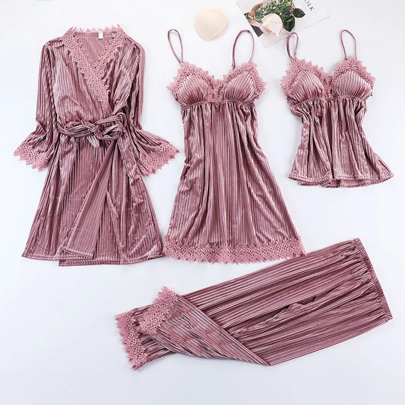 

Women 4 Pieces Gold Velvet Sleepwear Robe Sling Dress and Shorts Pajamas Set