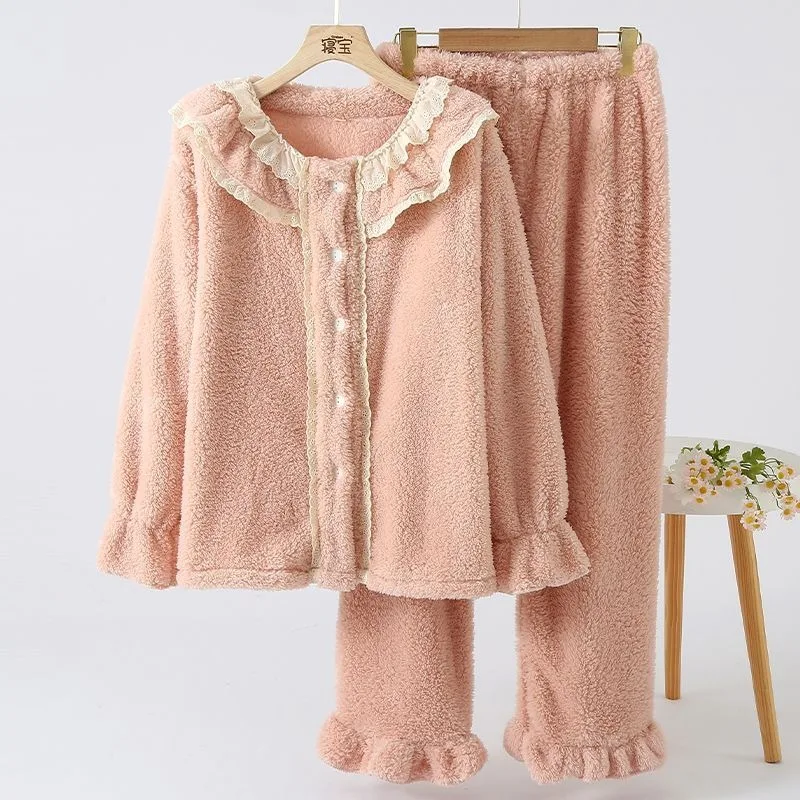 2024 New Sweet Coral Velvet Pajama Women Autumn Winter Plush Warm Cardigan Loungewear Milk Velvet Flannel Outerwear Homewear Set