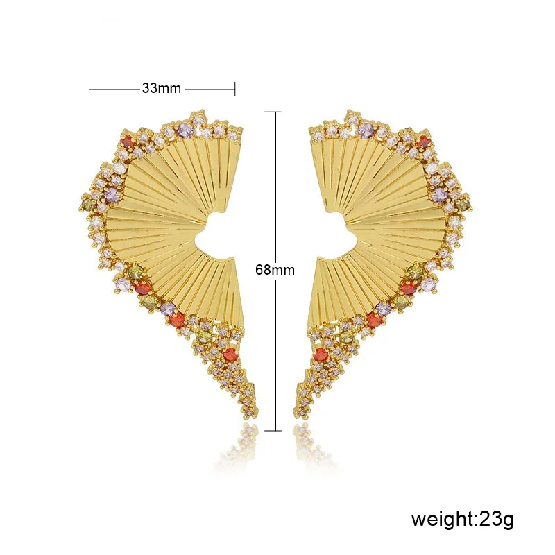 SUNNESA Luxury Colorful Zircon African Clip Earrings for Women Wedding Dubai Golden Fanshaped Big Earrings Bride Jewelry