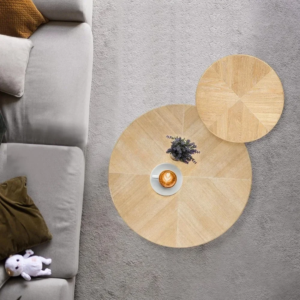 Farmhouse Round Coffee Table 2Pack, Rustic Sofa Side Tea Tables Nesting Center Table Set with Handmade Rattan for Living Room 6