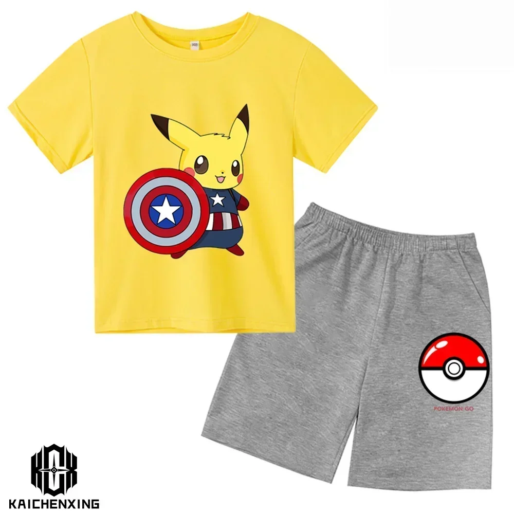 Letnia moda Pokemon t-shirt + spodnie zestawy dwuczęściowe dla dzieci ubranka dla dzieci harajuku Baby Boys Pikachu spodenki rękaw