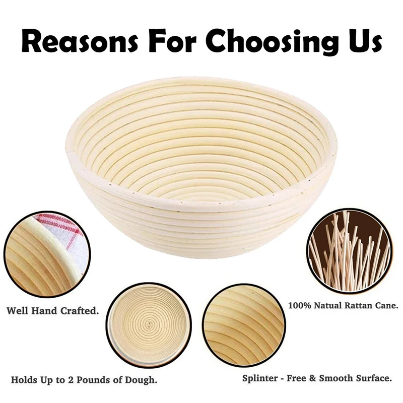 LMETJMA Bread Fermentation Basket Round Oval Long Banneton Rattan Dough Proofing Proving with Linen Liner Cloth