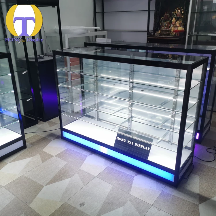 맞춤형 공장 직영 LED 스모크 샵 디스플레이 슬라이딩 미러 도어 알루미늄 강화 유리 캐비닛 소매점 매장 저렴한 가격