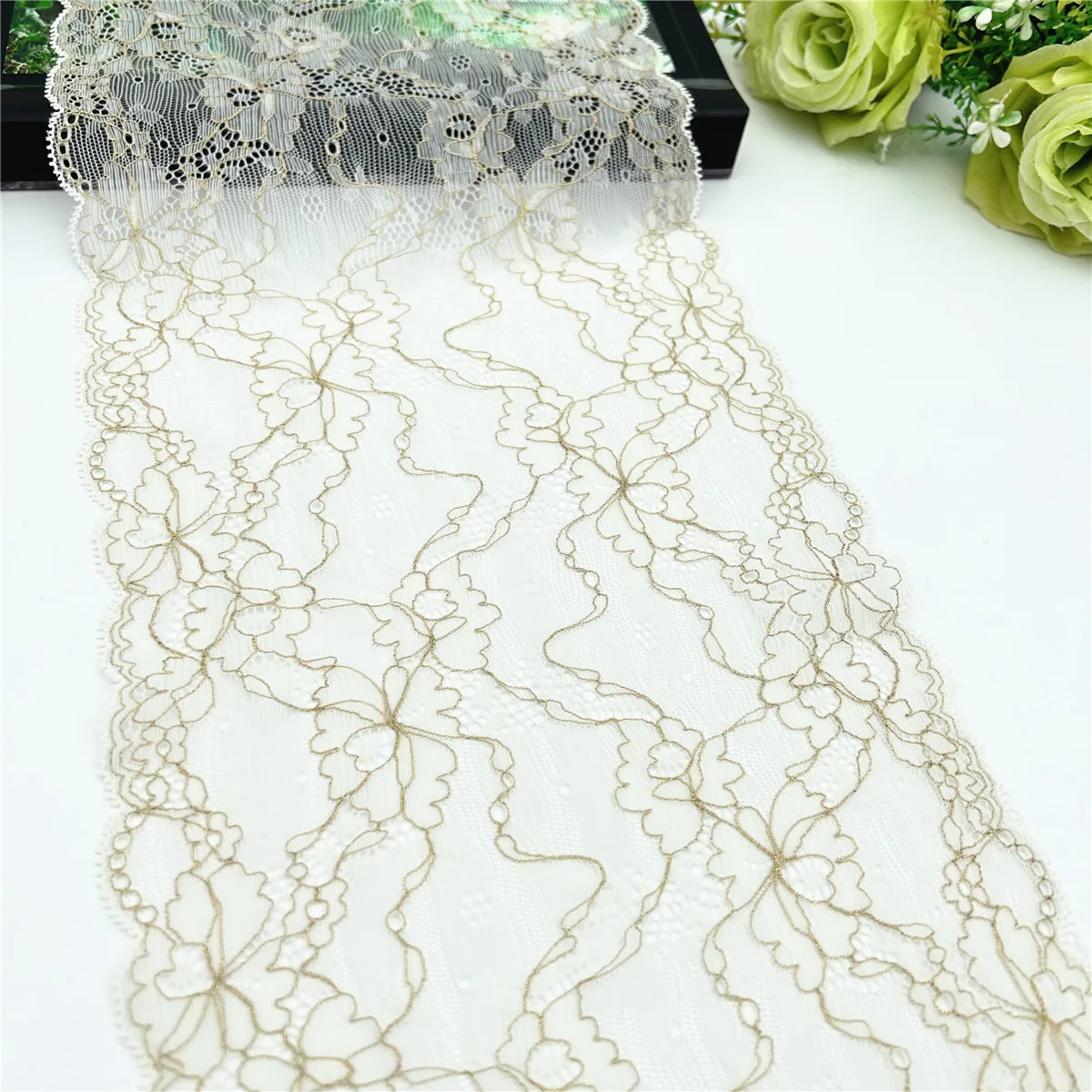 3y/lot Width 19cm Ivory Gold Elastic Stretch Lace Trim For Clothing Accessories Dress Sewing Applique Costume Lace Fabrics 6
