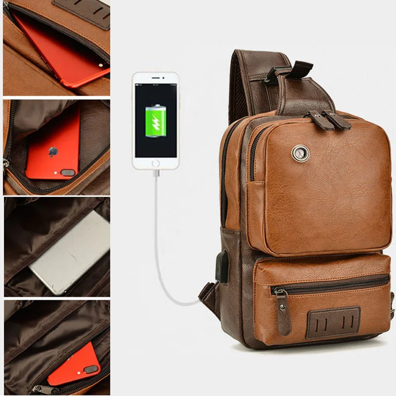 

Retro Multifunction Men's PU Leather Shoulder Bags USB Waterproof Crossbody Travel Sling Messenger Pack Chest for Male