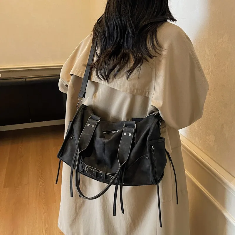 PU Leather Retro Motorcycle Handbag Large Capacity Belt Buckle Underarm Bag Cool Girl Sling Bag Work Date Shopping Handbag