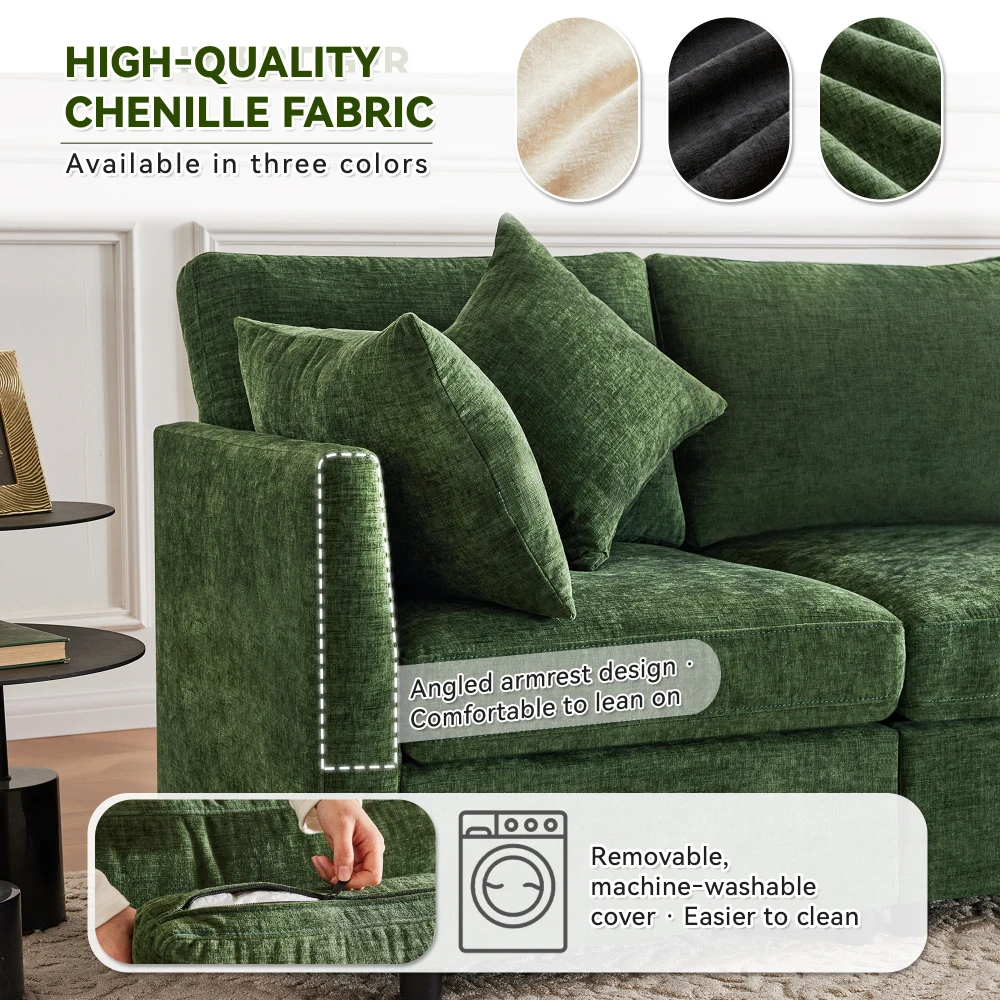 PINGGO Grünes L-förmiges Ecksofa 3-Sitzer Konvertierbar Modular mit Beweglichem Hocker 4 Chenille-Kissen für Wohnzimmer Büro – Detail 10