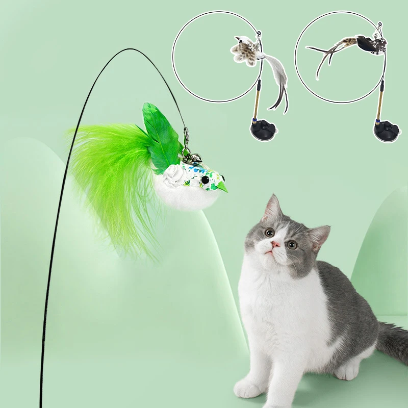 

Suction Cup Cat Stick Simulated Bird Cat Self Hi Toy Feather Bird Funny Cat Stick Toy Teasing Stick Hierba Gatera Bola De Pared