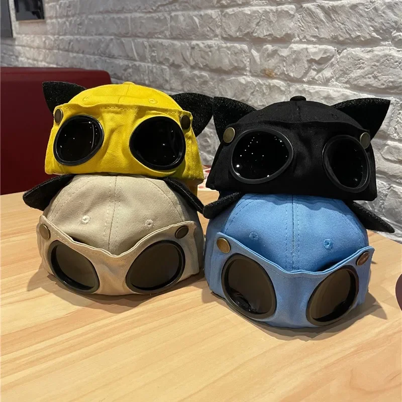 New Pilot Glasses Baseball Hat Women Men Cat Ears Sun Visor Cap Autumn and Winter Reverse Wear Snapback Cap