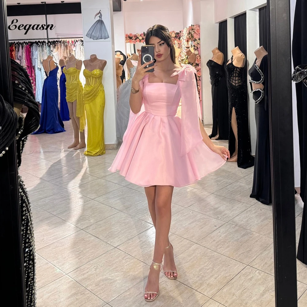 Cute Short Cocktail Dress A Line Bow on Straps Organza Pink Strapless Mini Graduation Prom Dresses Vestidos De Gala