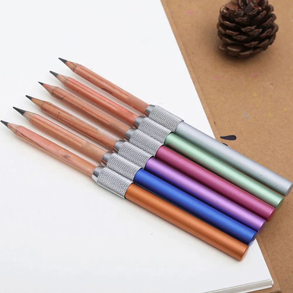 6Pcs 견고한 스테인레스 스틸 연필 연장기 학생을위한 강력한 그립 긴 수명 연필 연장 막대 학교 용품 사무실