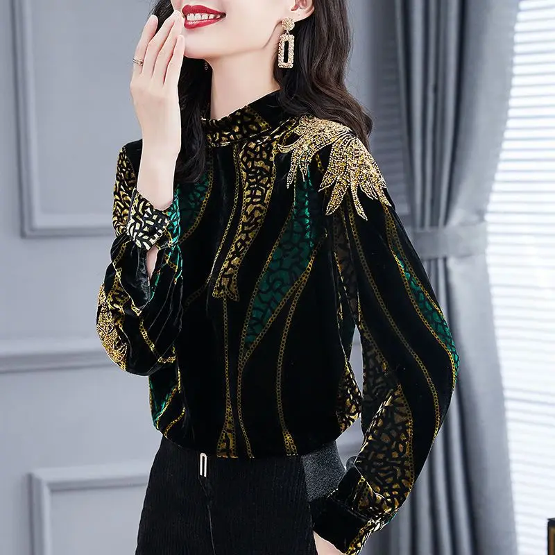 Fashion Sequined Velvet Blouse Autumn Winter New Vintage Printed Women's Clothing Long Sleeve Casual Stand Collar Straight Shirt