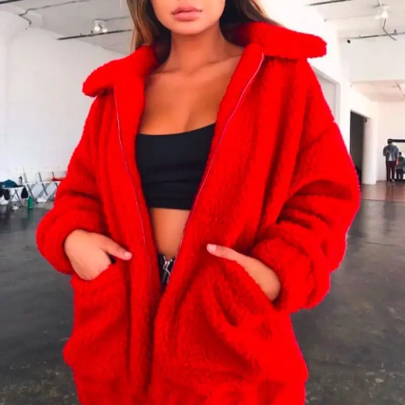 

Autumn Winter Thick Bear Teddy Coat Warm Soft Faux Fur Coat Women Elegant Fleece Jacket Pocket Zipper Outerwear Overcoat S-3XL