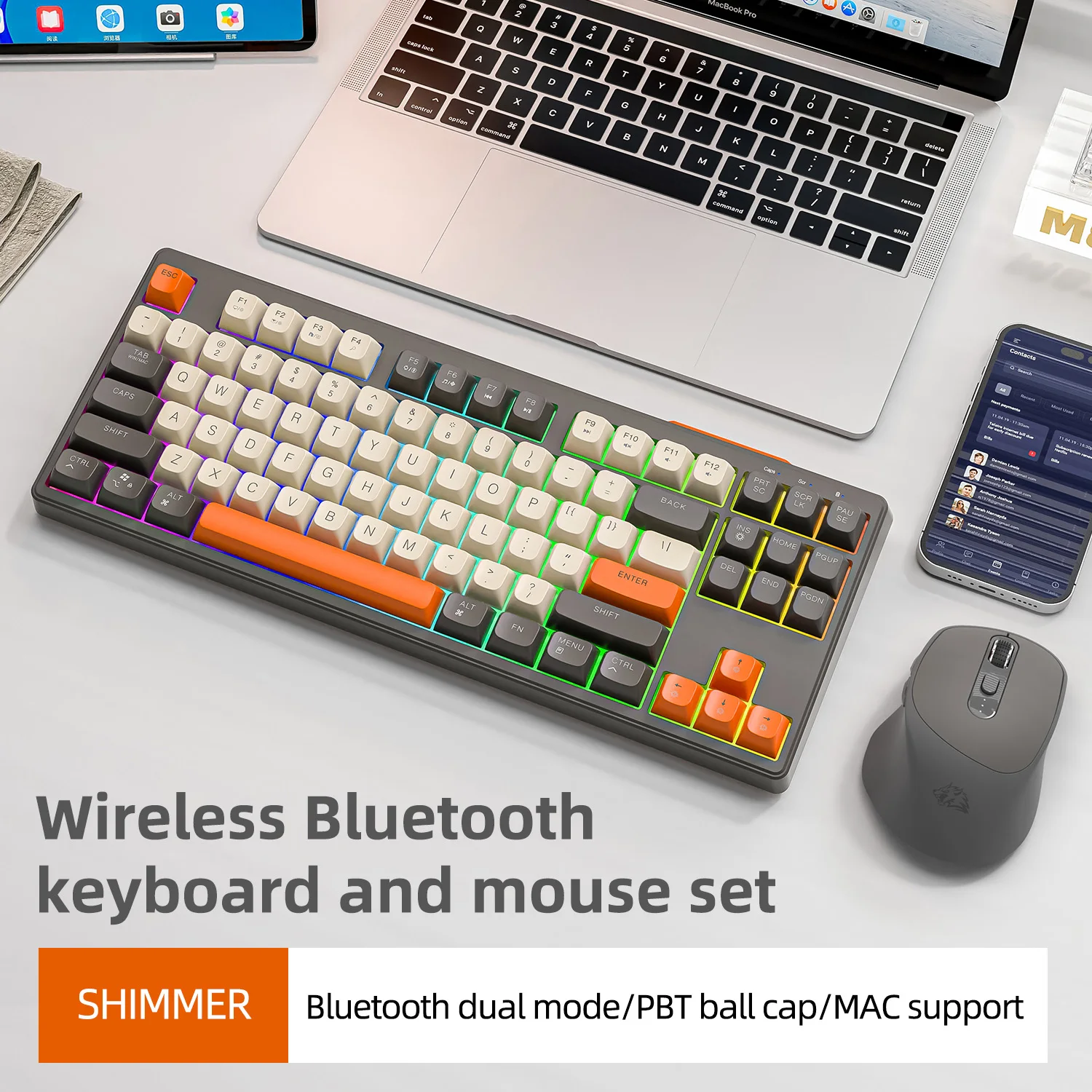 M87 무선 키보드 및 마우스 콤보, Bluetooth 듀얼 모드, PBT, 백라이트, 조용한 사무용 게임용 충전식 키보드 마우스 키트