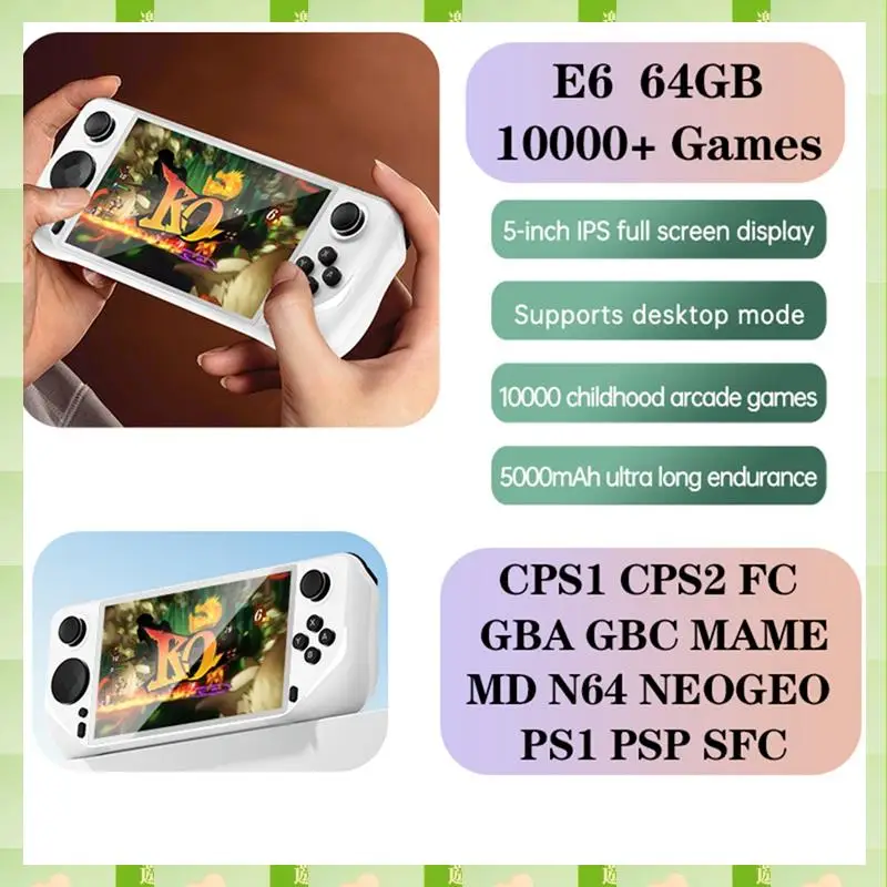 E6 Handheld Game Console 64GB 10000+Games 5 Inch Screen Support For GBA GBC PSP PS1 N64 Game Console A