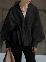 Missuoo Solid Color Simple Shirt for Women 2024 Autumn New Korean Style V-neck Puff Sleeves Loose Fit Blouse One-size Shirt Tops - Image 2