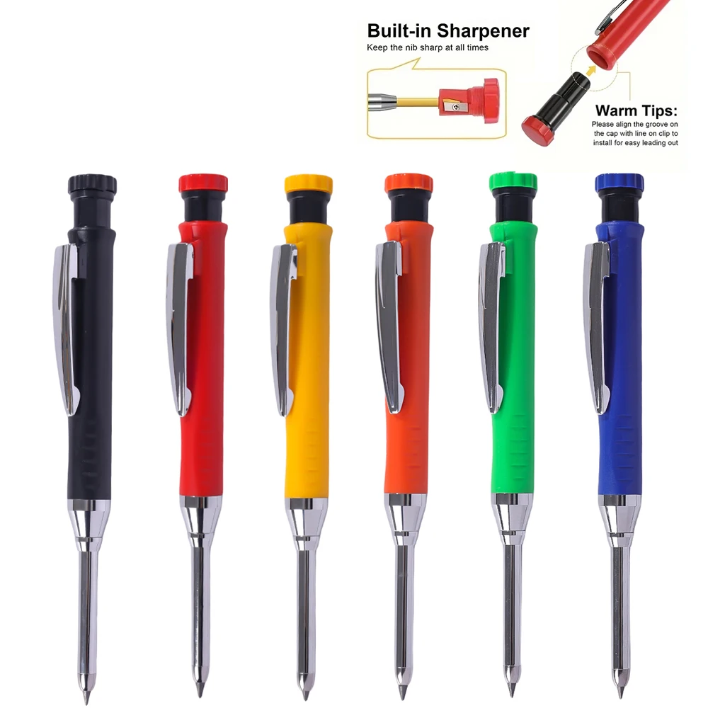 6Pcs/Set 2.8mm 6 Colors Metal Pen Clip Carpenter Mechanical Pencil with Sharpener Woodworking Tools Deep Hole Marker Pencil