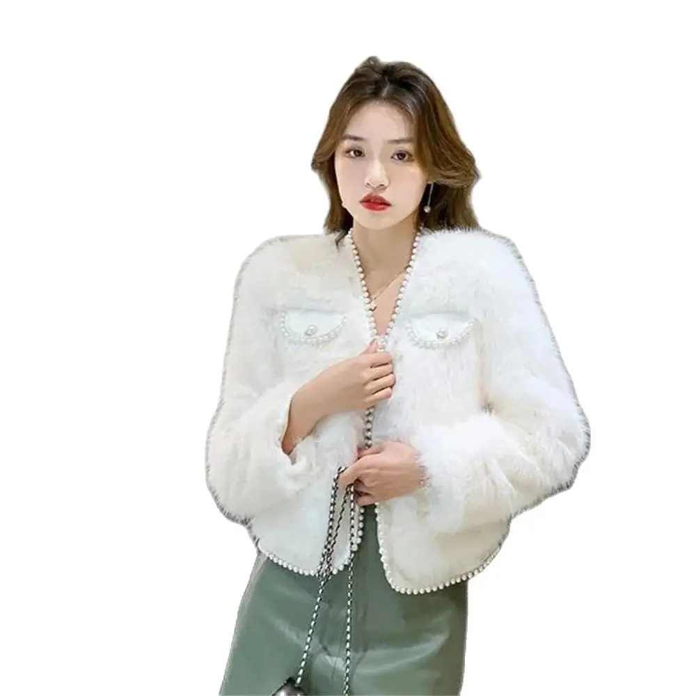 

2024 Fur Cotton Coat Beads Fur Outerwer Imitation Rabbit Overcoat Warm Winter Women Jacket Lapel Long Sleeve Patch PU Cross