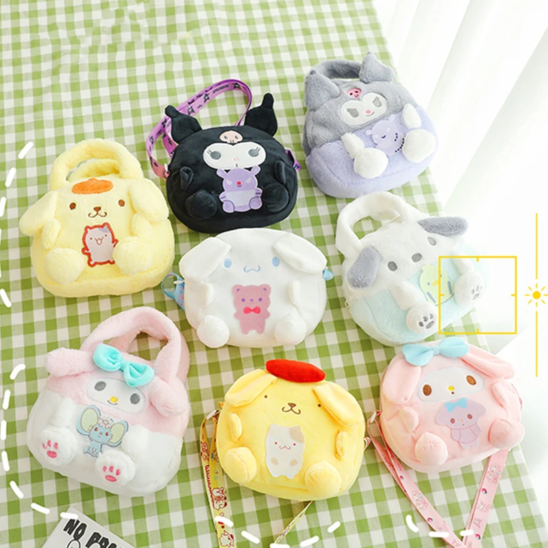 

Sanrio Handbag One Shoulder Diagonal Bag HelloKitty mymelody Kuromi Pompom Purin Plush Toy Kawaii Children's Birthday Gift