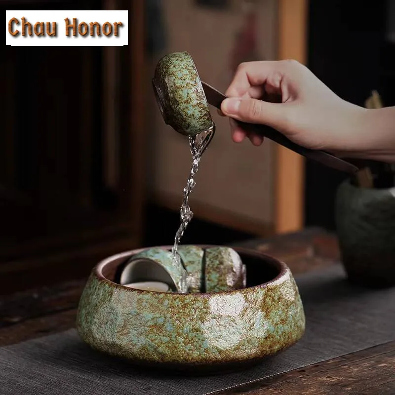 1100ml Retro Coarse Pottery Jianshui Zen Stoneware Tea Wash Writing-brush Washer Household Chaxi Tableware Supplies Decoration