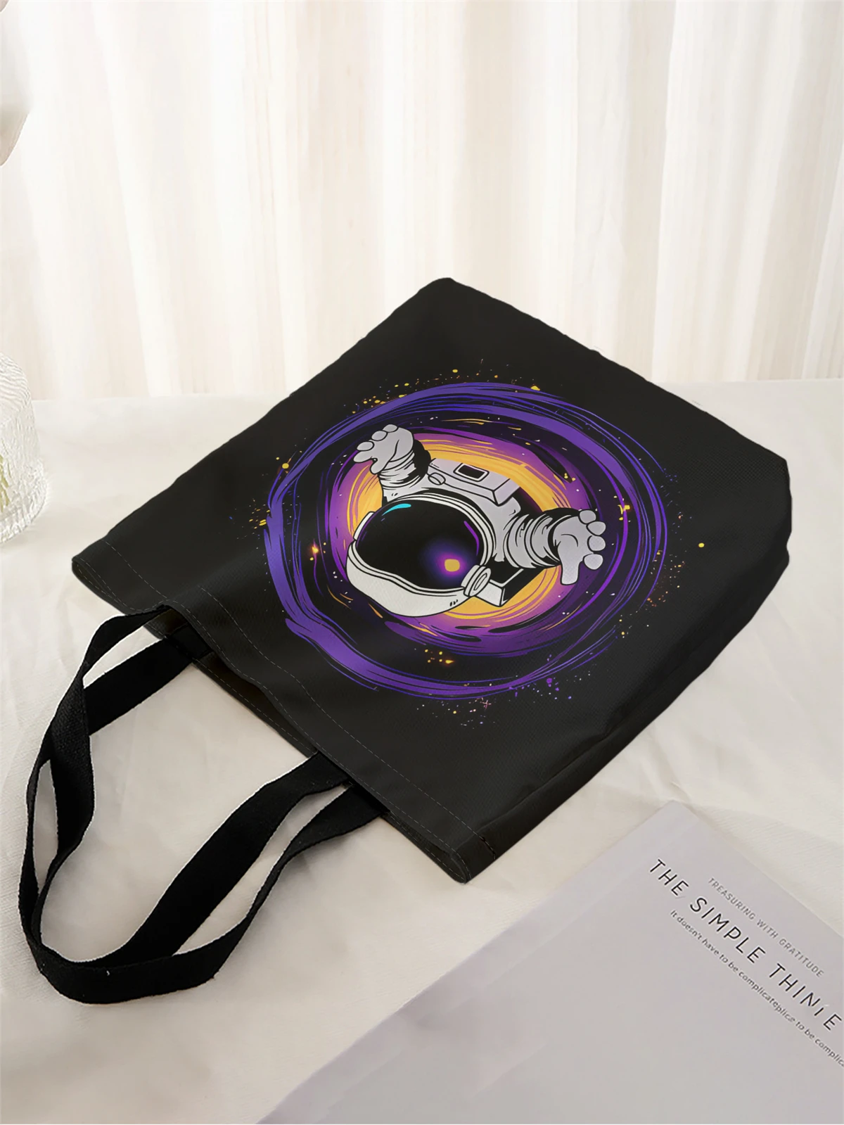 1pc,Starry Sky Astronaut Handbag, Reusable Fashion Handbag, Multi functional Handbag, Printed Canvas Shopping Bag