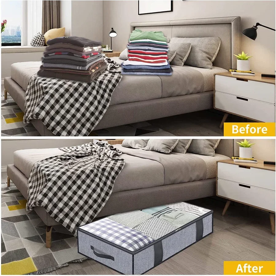 2 pieces under the bed quilt storage bag with cover can be folded, can be used for bedding clothes toys with 4 reinforced handle 4