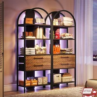 4-Tier Bookshelf with LED Light and Drawers Rustic Open Storage Shelf Display Rack Home Office Study 1