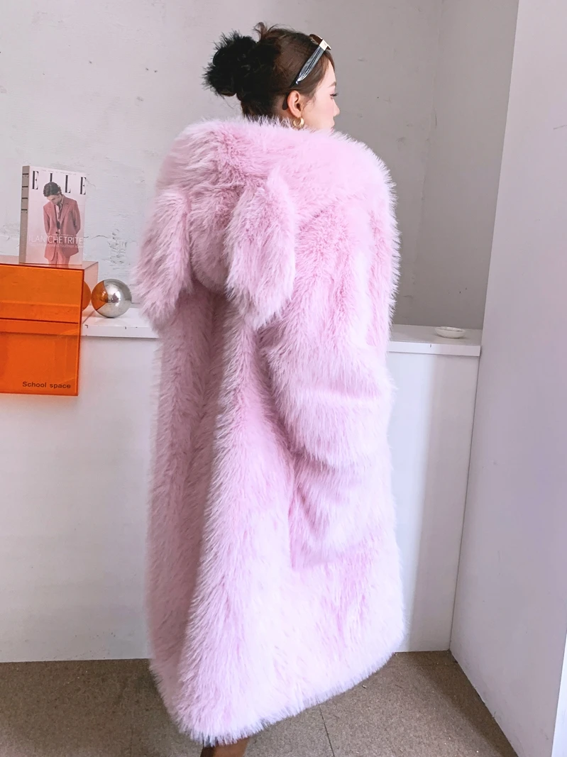Princess Faux Fur Bunny Ears Hoodie LongPink Jacket Winter Coat For Women