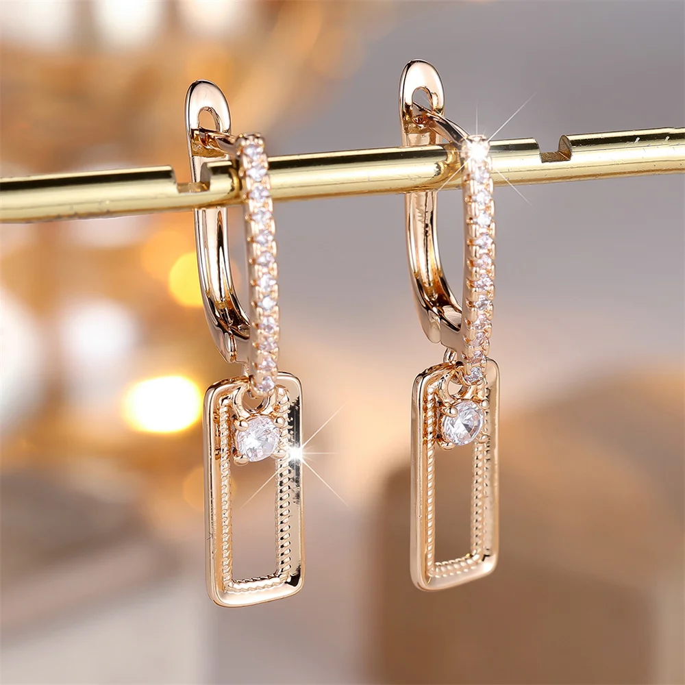 White Zircon Round Stone Rectangle Pendant Hoop Earrings For Women Vintage Gold Color Ear Buckle Wedding Jewelry Birthday Gifts