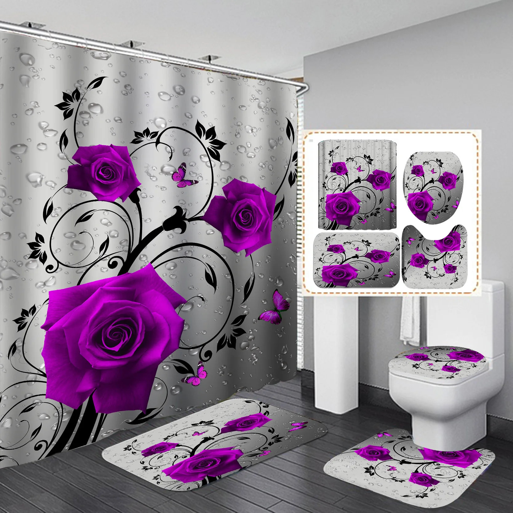 

Purple Rose Shower Curtain Polyester Bath Curtain Set 3D Print 180x180 Bathroom Curtain Colorful Flowers Home Decor Dropshipping