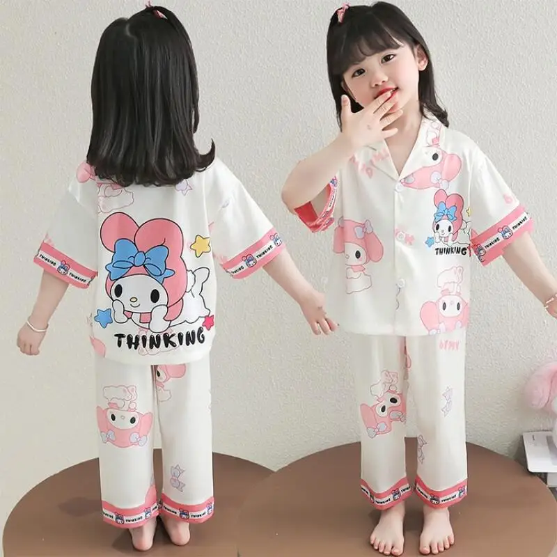 2피스 애니메이션 쿠로미 키즈 여름 아이스 실크 파자마 마이멜로디 여아 홈웨어 세트 반팔 바지 파자마 투피스 세트 선물