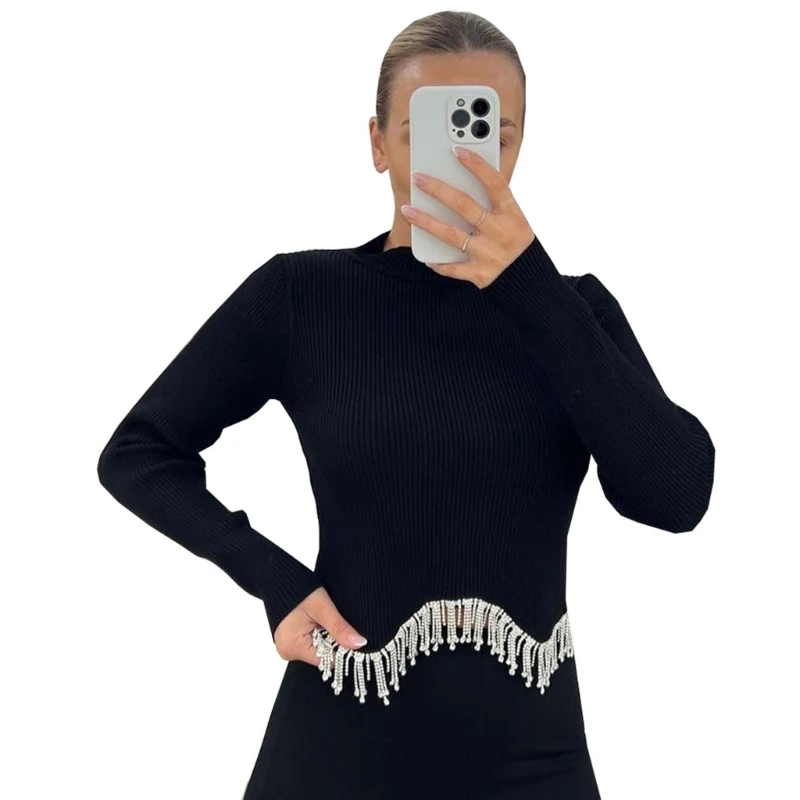 

Autumn Winter Ribbed Knitted T-Shirts Womens Long Sleeve Tassels Crop Tops Shirt