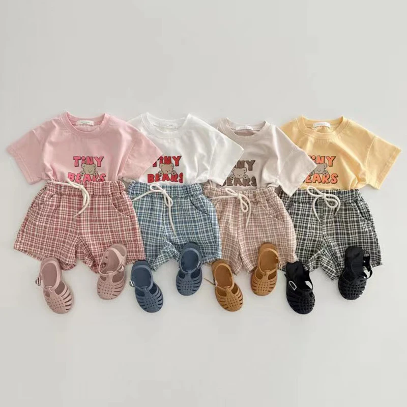 

Korean Children's Wear 2023 Summer Boys and Girls' Checkered Shorts Versatile Baby Casual Thin T-shirt Set